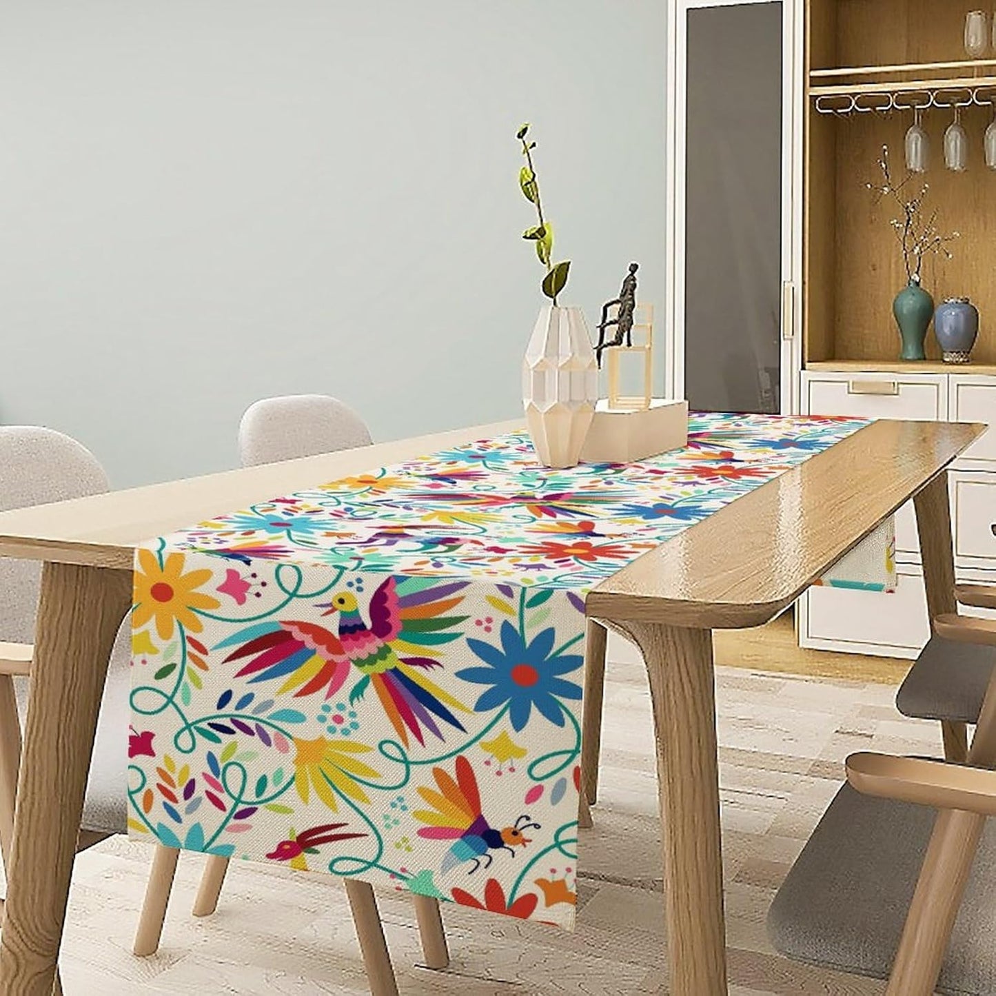 Mexican Table Runner,Boho Colorful Nature Inspired Flowers and Birds Table Cloth Kitchen Dining Table Home Party Decoration 13x108 Inch