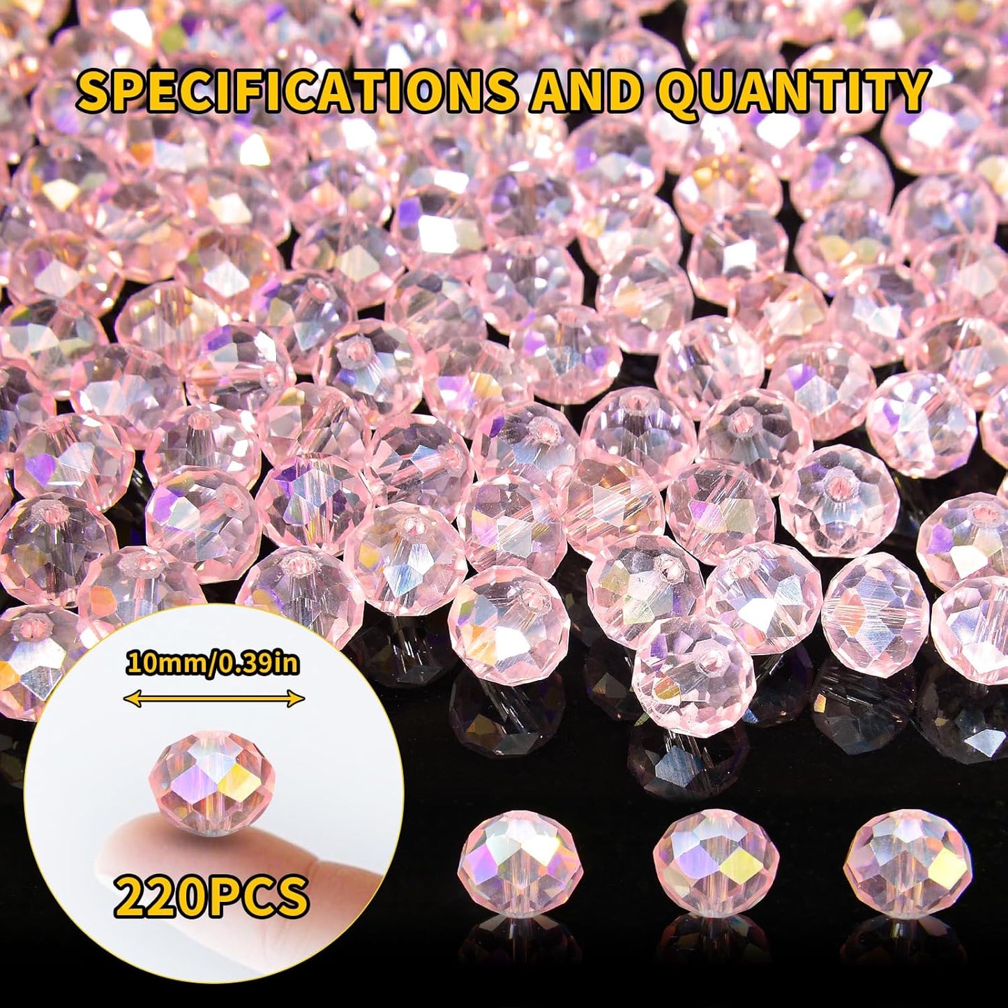 220Pcs 10mm Crystal Glass Beads for Jewelry Making Beads for Bracelets Necklace Pendants Making Supplies(Pink)