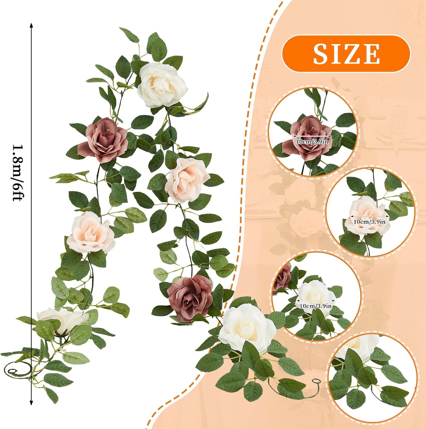 Artificial Rose Garlands Rose Vines Leaves Banners Hanging Floral Garland Fake Rose Flower Vine for Wedding Arch Ceremony Home Garden Outdoor Party Wall Decorations