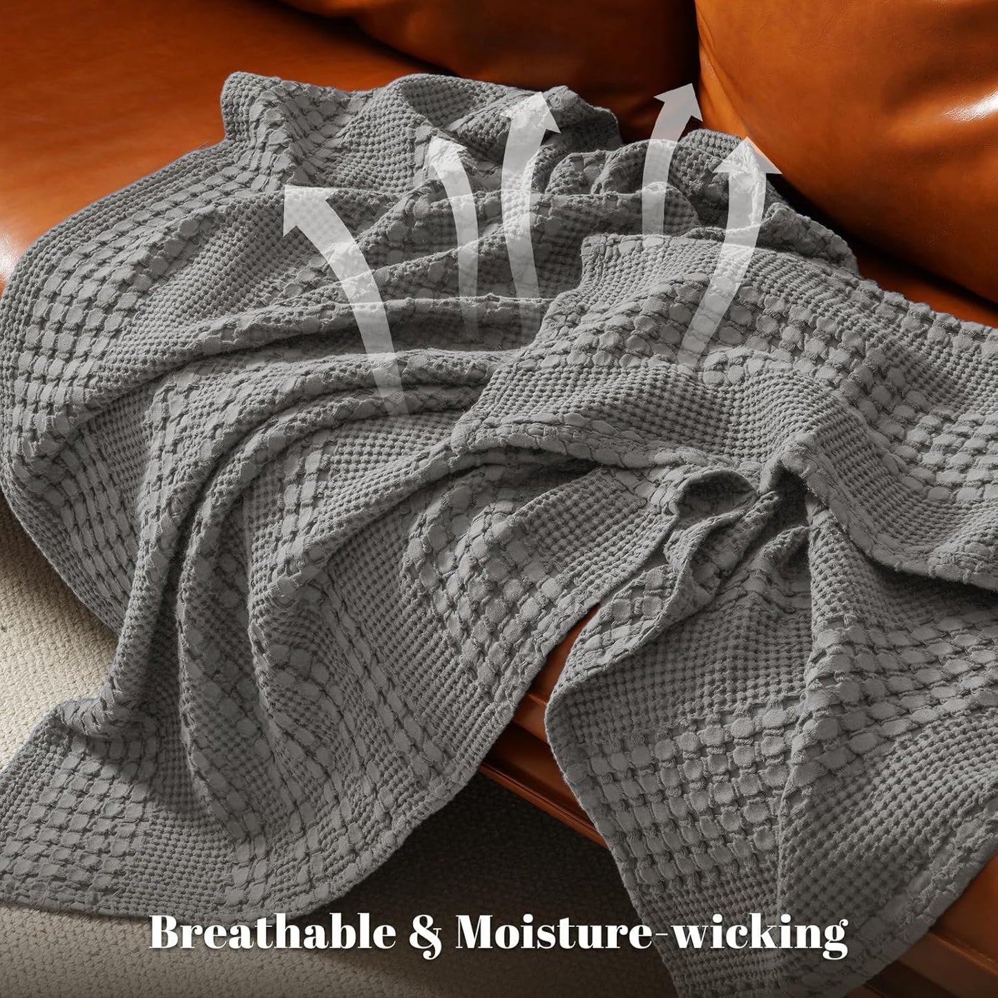 PHF 100% Cotton Waffle Weave Throw Blanket, Soft Lightweight Breathable Cozy Throws for Couch Bed Sofa, Luxury Aesthetic Woven Blanket for Home Decor & Office, 50"x60", Dark Grey