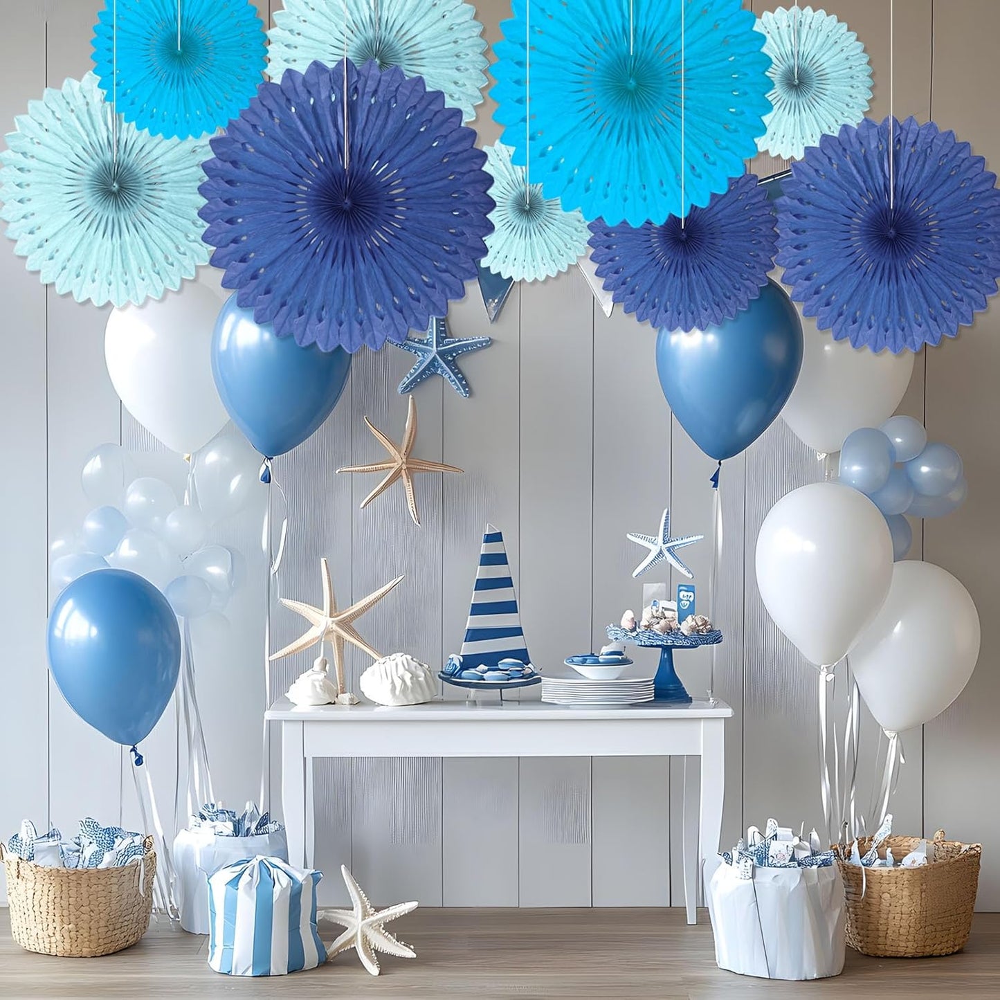 18 Pcs Blue Kit Hanging Honeycomb Paper Fans, Round Paper Fan Decorations for Weddings, Birthdays, Bachelorette, Photo Booth Backdrops, Baby Shower, Anniversary Events Party Supplies