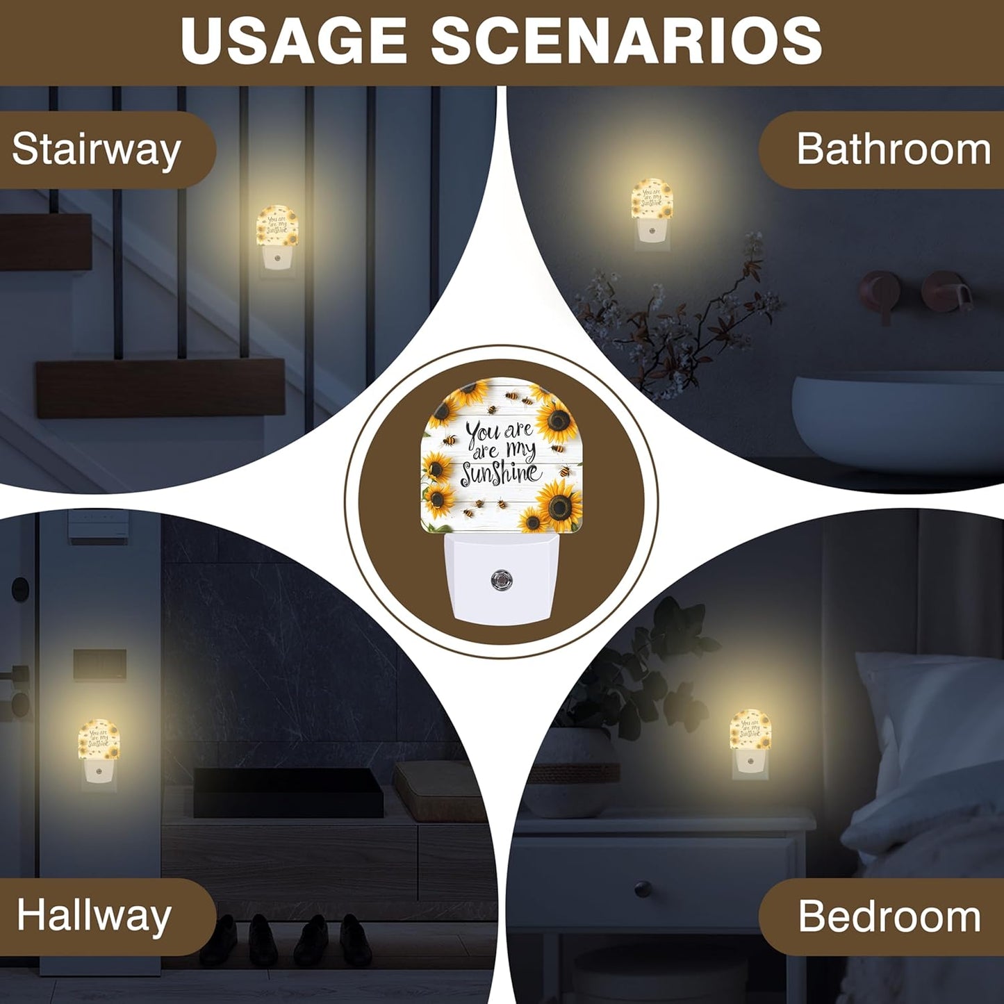 Night Lights Plug into Wall Bees and Sunflowers Night Light Dusk to Dawn Smart Sensor Decorative Round Led Lamp for Bedroom Kitchen Hallway Nightlight for Women Men