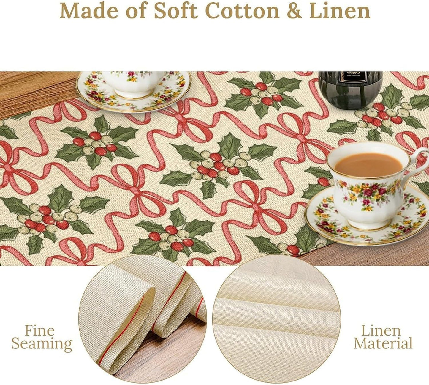 Christmas Table Runner,Xmas Holiday Bowknot Decor Table Cloth Kitchen Dining Table Decoration for Home Party Decor 13x36 Inch