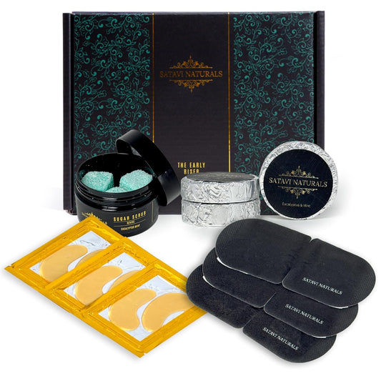 The Early Riser Self Care Kit - Includes Steam Eye Mask, Aromatherapy Shower Steamers, 24K Gold Eye Masks, Eucalyptus Mint Sugar Scrub - Morning Relaxation & Self Care Gifts for Women