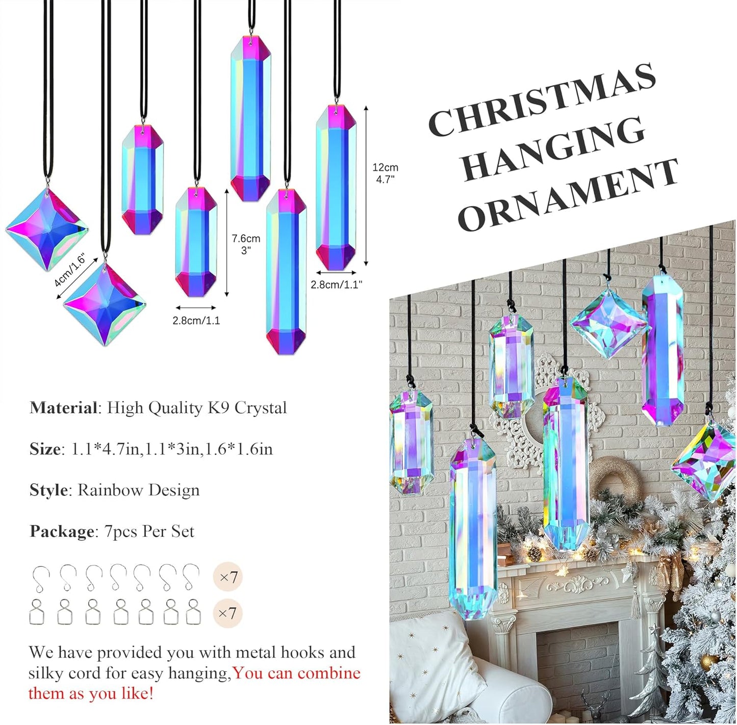 Crystal Prisms Ornament for Christmas Tree, 7 Pack Icicle Ornaments A/B Color Ornaments, Crystal Prism Suncatcher for Window Hanging for Women