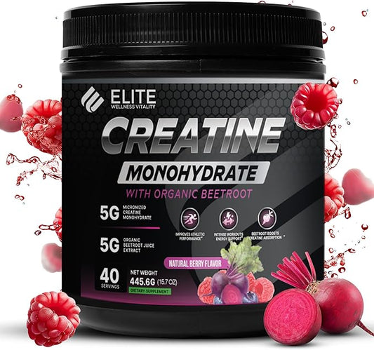 Elite Wellness Berry Flavor Creatine Monohydrate with Organic Beetroot Supplement - Supports Muscle Strength, Stamina, Cognitive Function & Athletic Performance, Gluten & Dairy Free, NSF Qualified