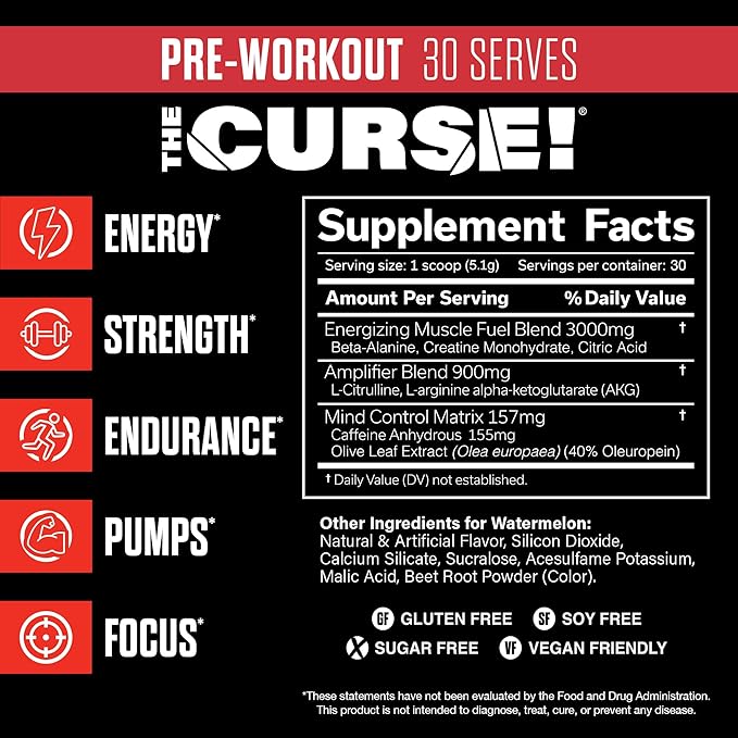 JNX SPORTS The Curse! Pre Workout Powder for Men & Women, Caffeine, Beta-Alanine, Creatine, L-Citrulline, 30 Servings, Watermelon Flavor – Boost Energy, Strength & Focus