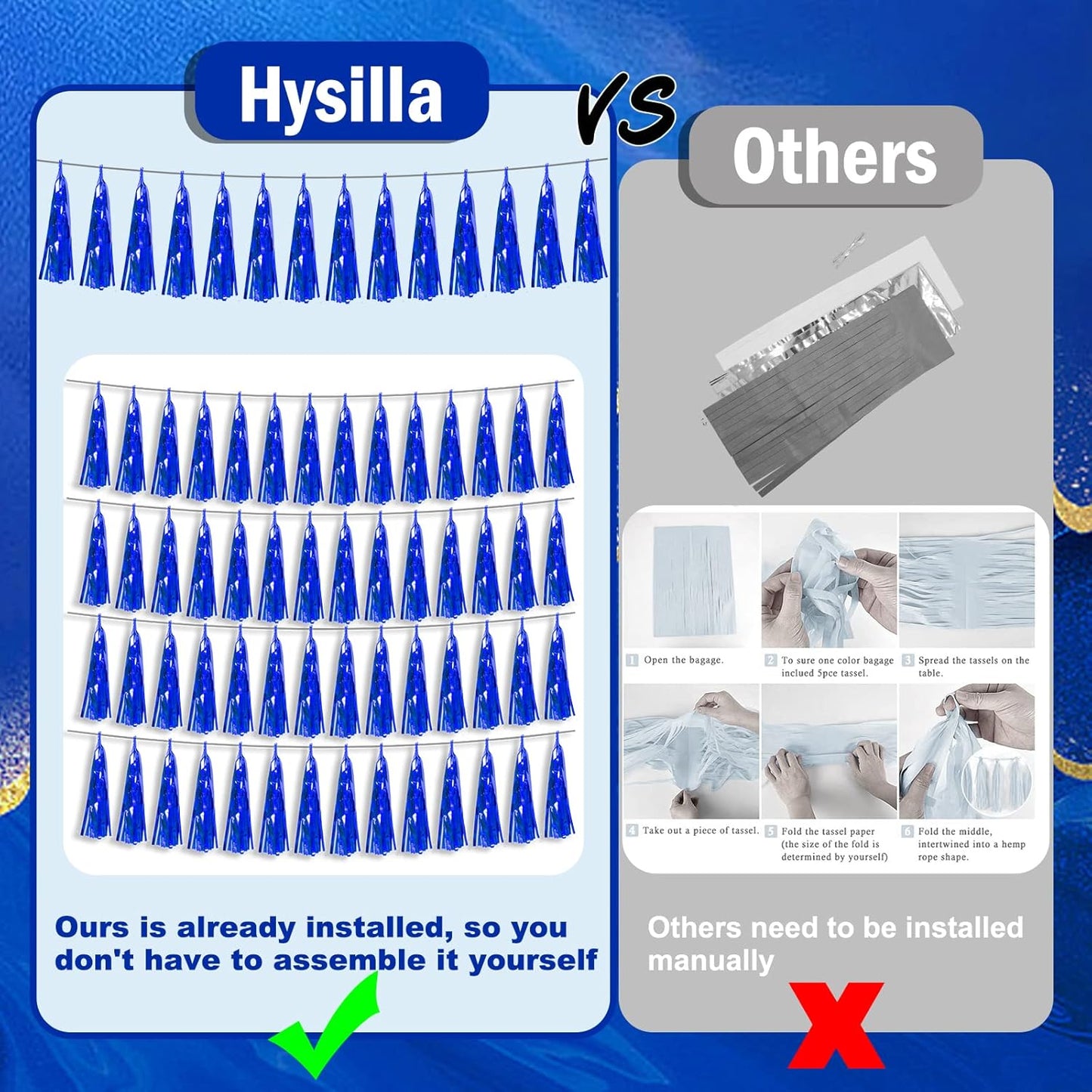 3P Blue Foil Fringe Metallic Tassel Streamers Banner Tassel Garland for Parade Floats, Bachelorette, Wedding, Birthday, Halloween, Christmas, Bridal/Baby Shower Party Decorations