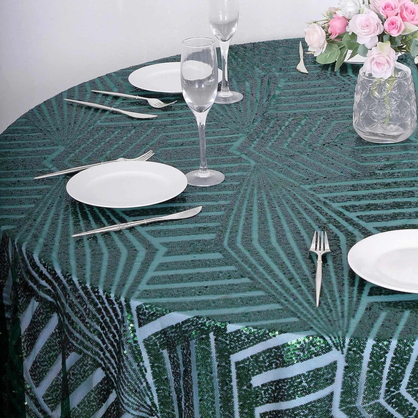 Efavormart 120" Hunter Emerald Green Sparkly Sequin Geometric Tulle Round Tablecloth