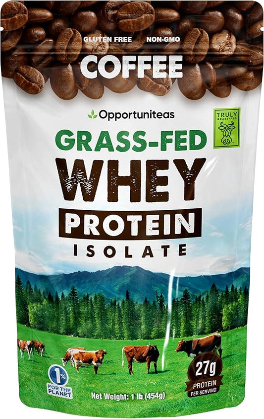 Opportuniteas Coffee Whey Protein Powder - Low Carb & Keto Friendly - Grass Fed Whey Isolate + Colombian Coffee - 60 mg Caffeine for Energy - Pre or Post Workout Drink Mix, Latte, Shake & Smoothie 1lb