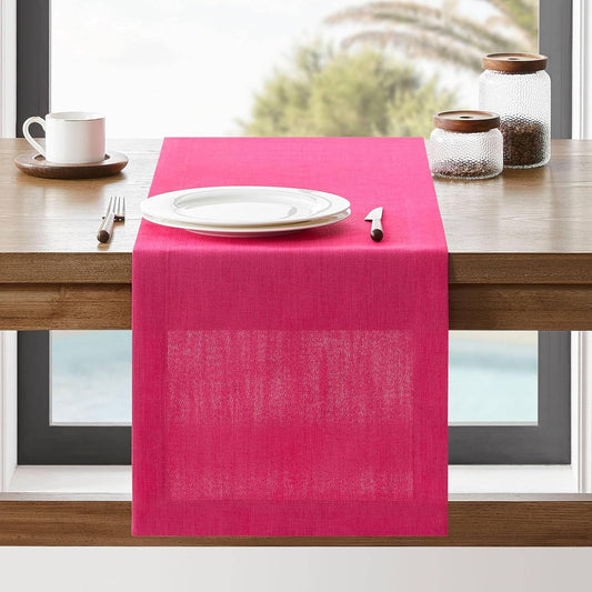 ZeeMart Linen Textured Border Table Runner, 14 x 90 Inch Hot Pink, Farmhouse Style Pink Table Runners 90 Inches Long, Easy Care Everyday Polyester Table Runner
