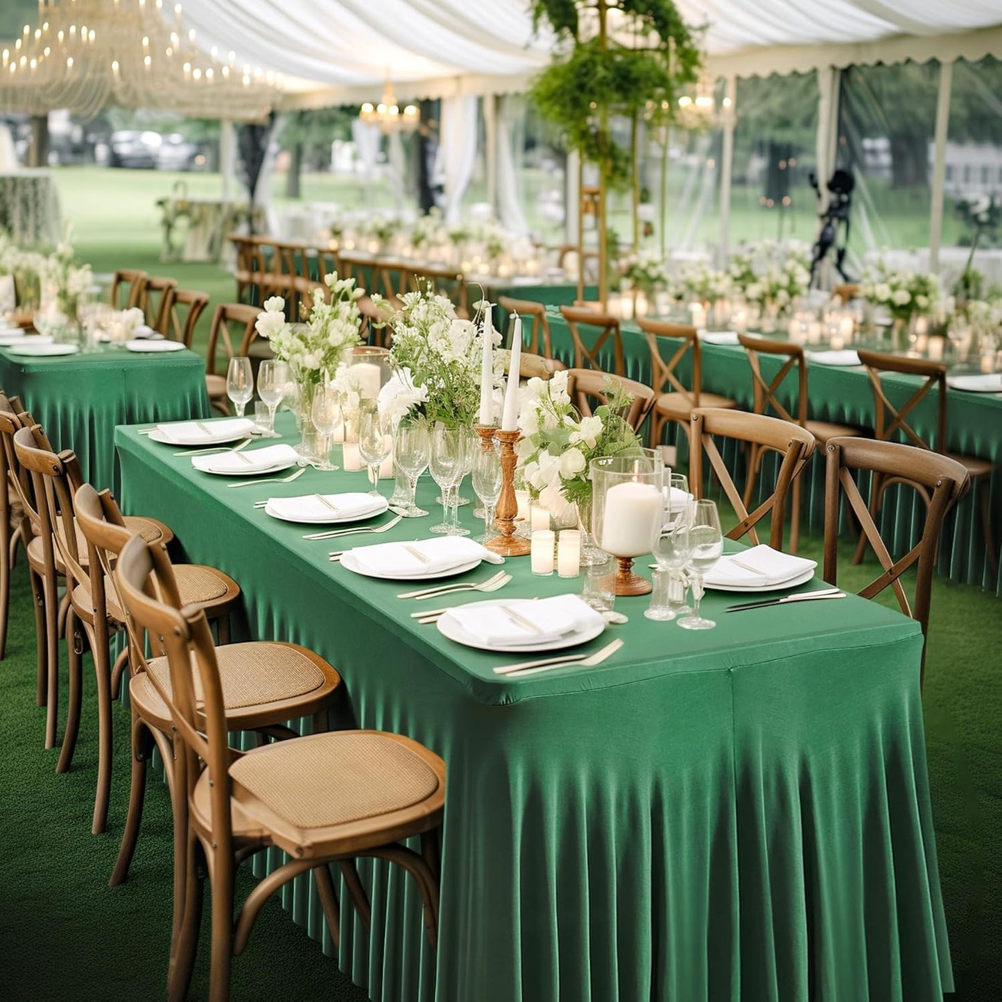 Wish Care 2 Pack Hunter Green Stretch Spandex Table Clothes for 8 Foot Rectangle Tables, 8FT Wrinkle Free Fitted Tablecloths Ruffles Design Table Cover for Party, Banquet, Wedding and Events