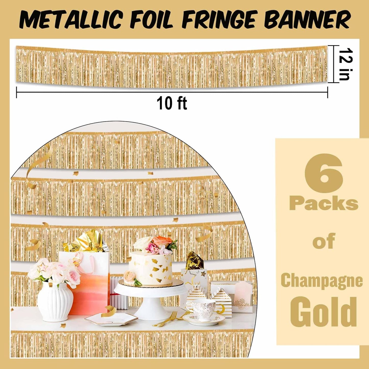6 Pack 10 Ft Champagne Gold Foil Fringe Garland Metallic Streamers Tinsel Banner Wall Hanging Garland Backdrop for Parade Floats, Halloween, Christmas, Thanksgiving, New Year Party Decorations
