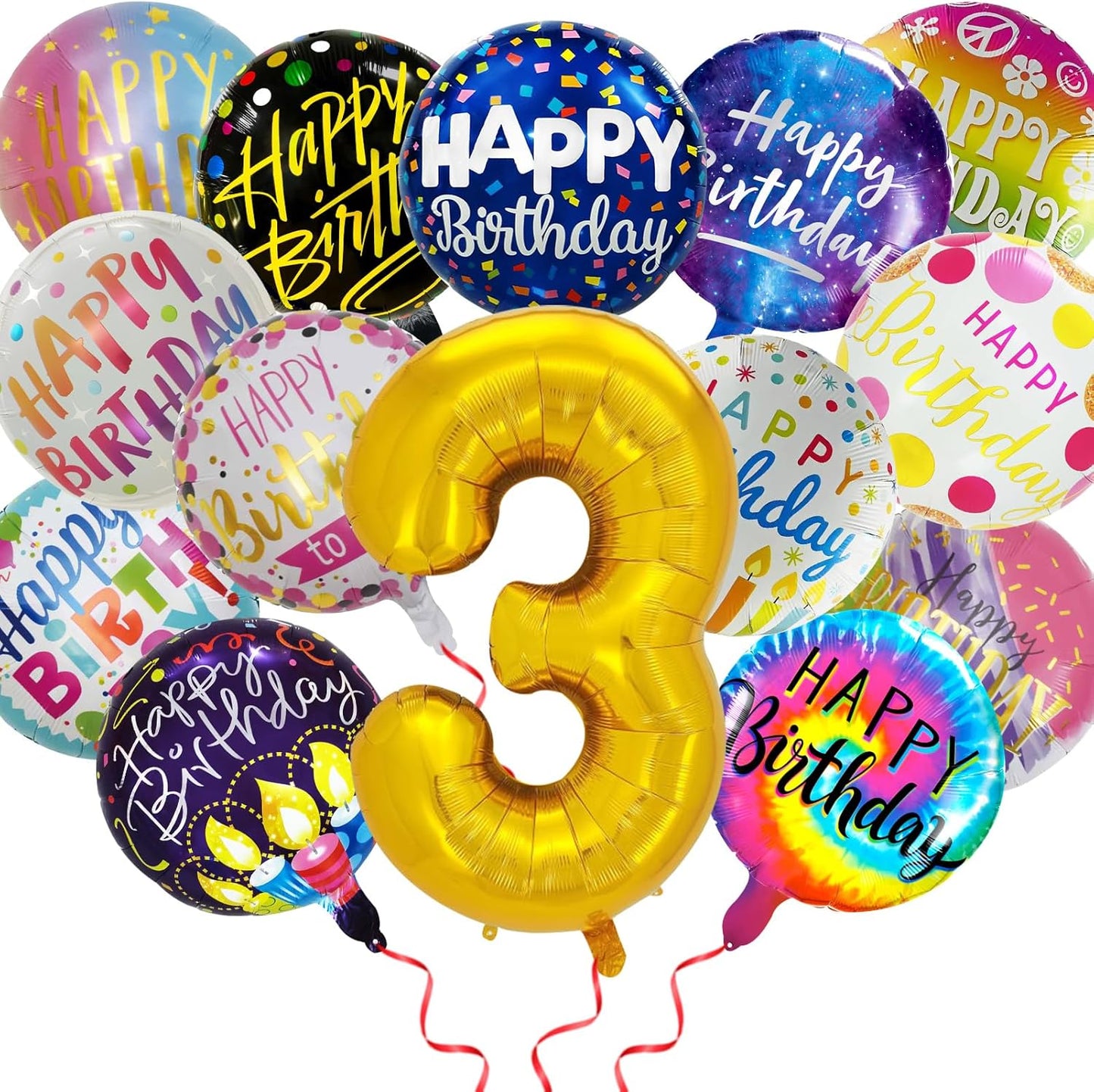 50 Pcs Happy Birthday Party Aluminum Foil Balloons and 3th Birthday Decorations, 18 Inch Round With Sign for Boys/Girls (3)