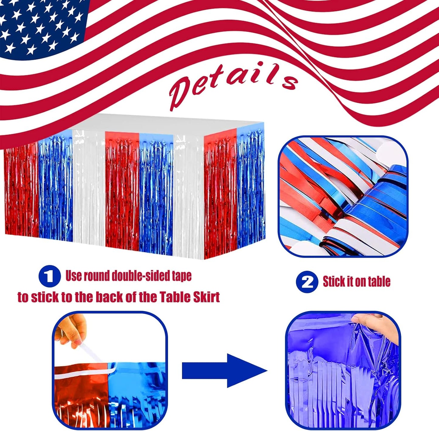 4 Pack 29x108 Inch Metallic Foil Fringe Tinsel Table Skirts for Rectangle Tables Streamer Backdrop for Wedding, Birthday, Parade Floats, Christmas, Halloween Party Decoration(White Blue Red)