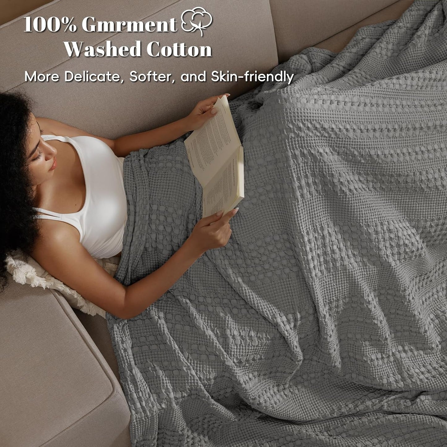 PHF 100% Cotton Waffle Weave Blanket Twin Size for Bed, Soft Lightweight & Breathable, All-Season Comfort, Luxury Aesthetic Woven Bedding for Home Decor, 66"x90", Dark Grey