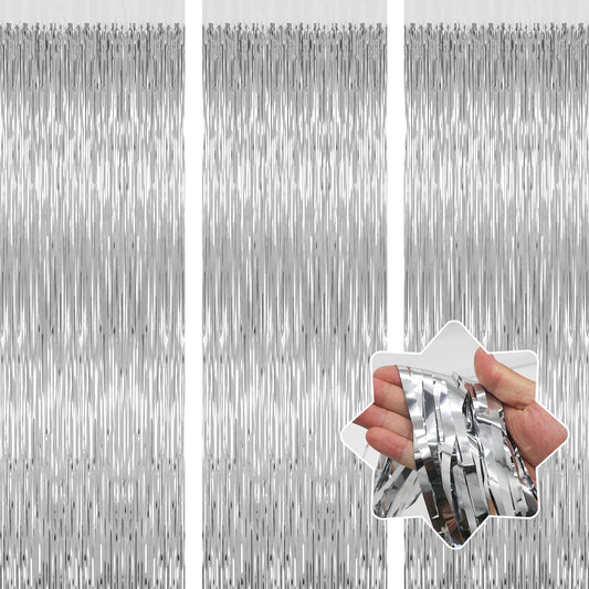 3 Pack Silver Backdrop Curtain Party Decorations Foil Fringe Backdrop Silver Tinsel Streamers Birthday Bachelorette New Year Christmas Wedding Baby Shower Disco Party Decorations