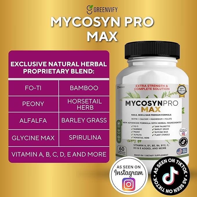 Mycosyn Pro Max Hair Skin Nails Supplement, 60 Capsules, 30 Day Supply, with Biotin 5000mcg, Vitamins A B C D E, Minerals (3)