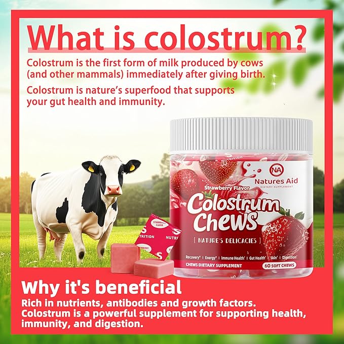 Colostrum Chews Supplement with probiotics for Gut Health, Bloating, Immune Support, Skin, Hair Growth and Beauty - Strawberry Flavor (60 Servings)