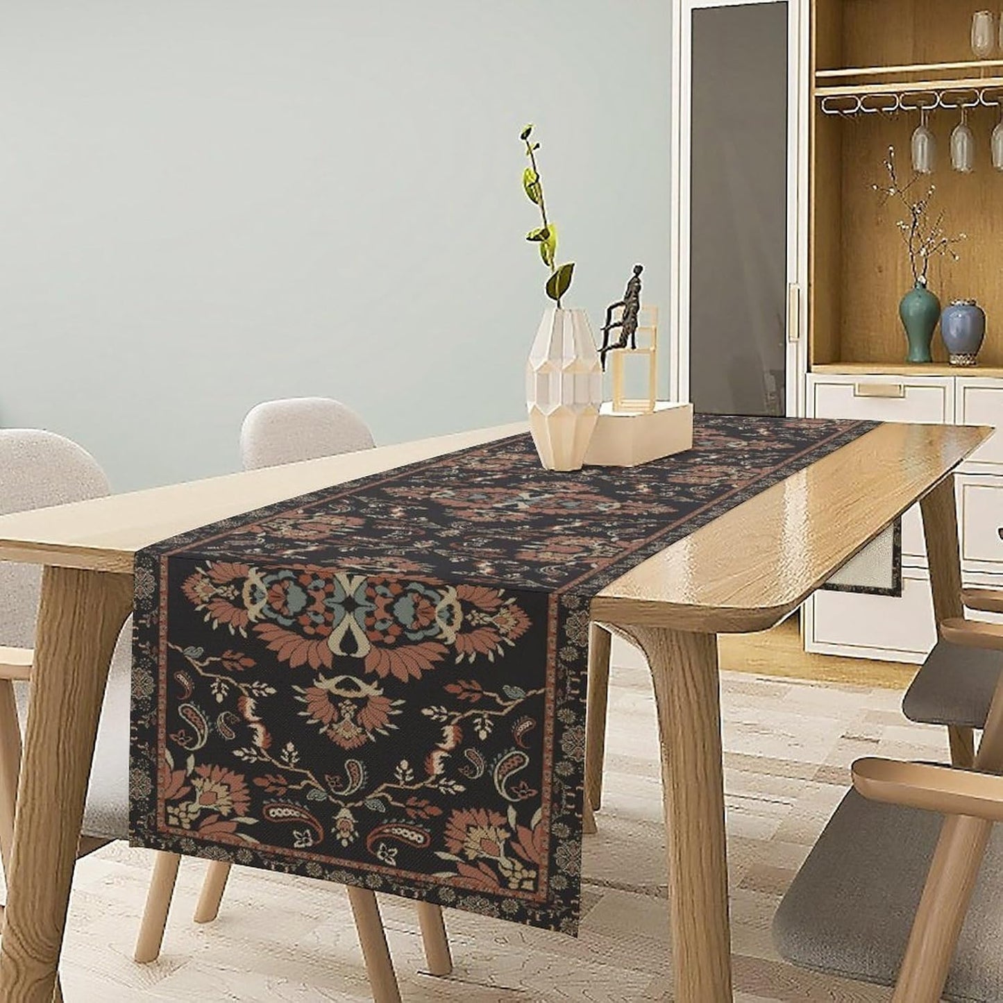 Boho Paisley Farmhouse Table Runner, Vintage Red Blue Retro Flower Rustic Country Style Floral Print Pattern for Home Kitchen Table Decor Dining Coffee Room Garden Party Decor 13x108in