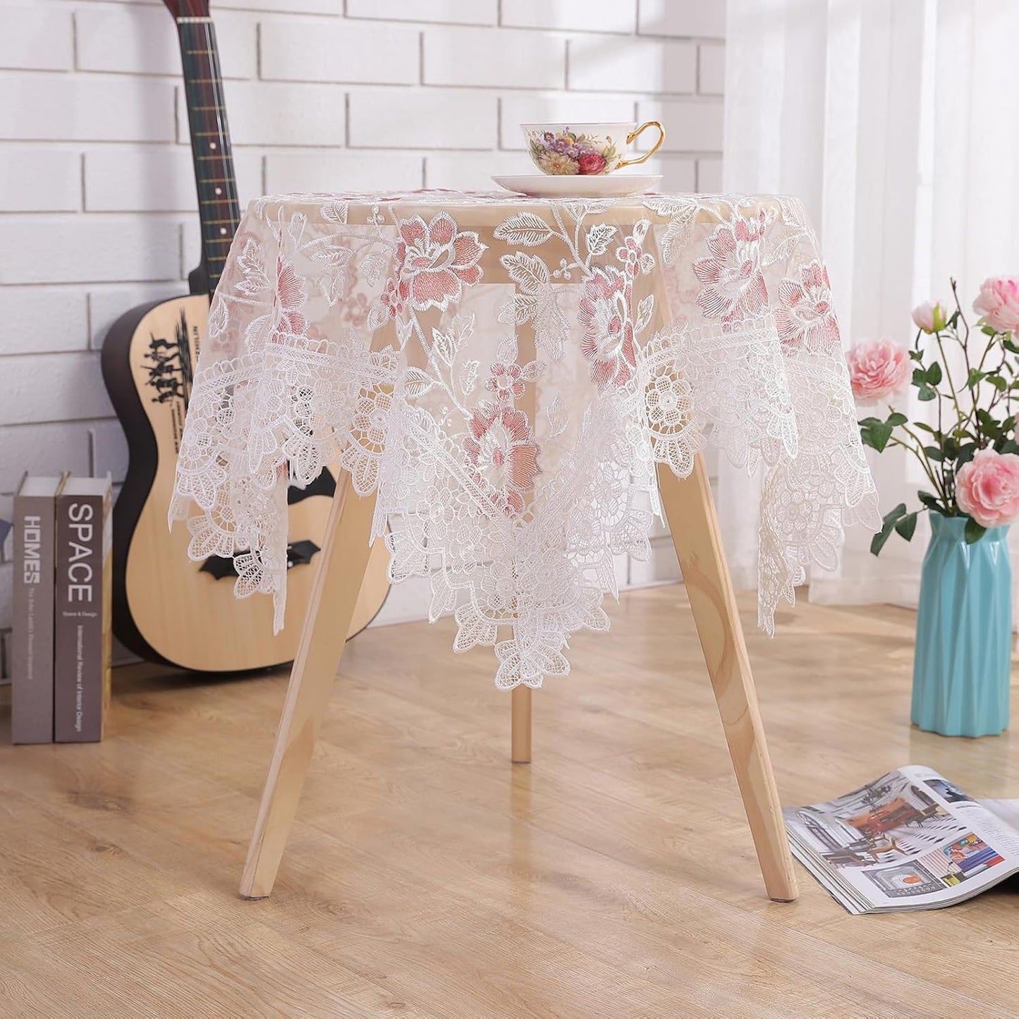 Round Embroidered Lace Tablecloth Vintage Decorative Exquisite Border Table Cover for Party Wedding Home Decorations, Round-35, White