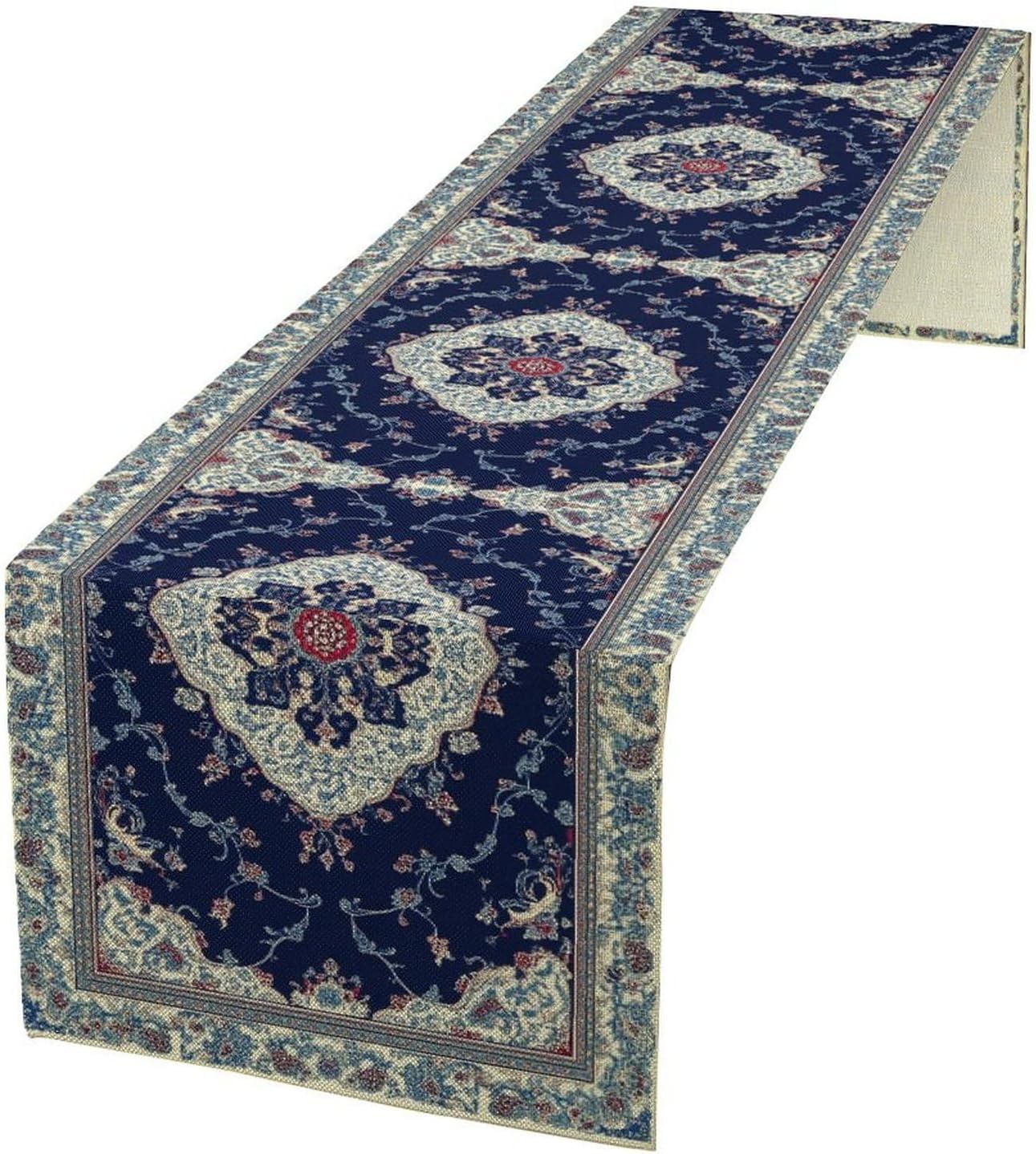 Elegant Palace Boho Blue Table Runner Vintage French Style Farmhouse Geometric Home Farmhouse Kitchen Table Dining Coffee Room Garden Party Wedding Decor 13x108in