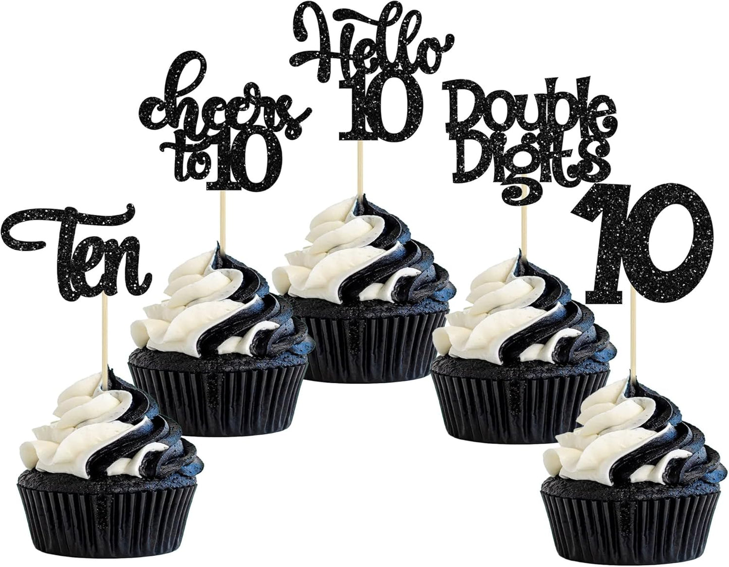 30Pcs 10th Birthday Cupcake Toppers Ten Double Hello 10 Cupcake Picks Cheers to 10 Years Old Cake Decorations for 10th Birthday Party Supplies Black Glitter