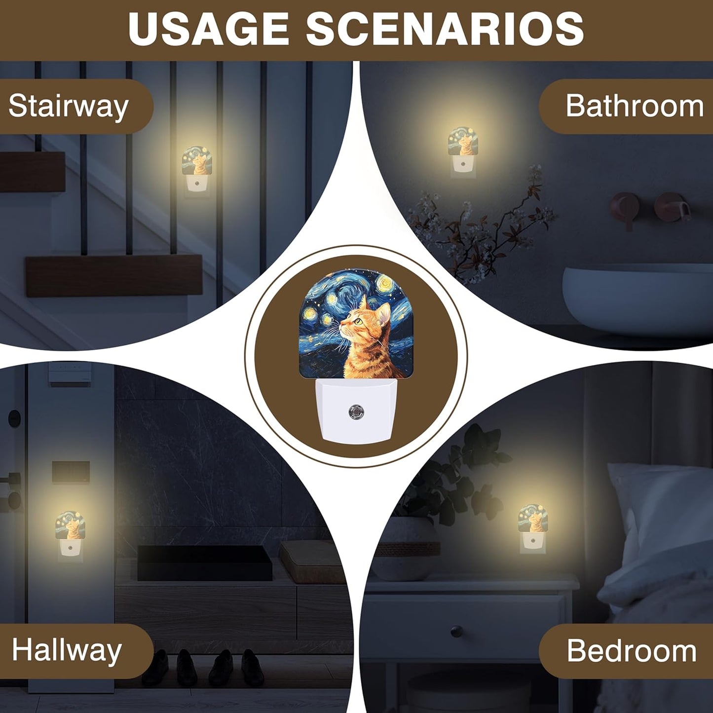 Starry Night Night Light, Orange Cat Night Lights Plug into Wall Dusk to Dawn Sensor Round Nightlight for Women Men Energy Efficient Led Lamp 0.5W for Stairway Hallway Bedroom