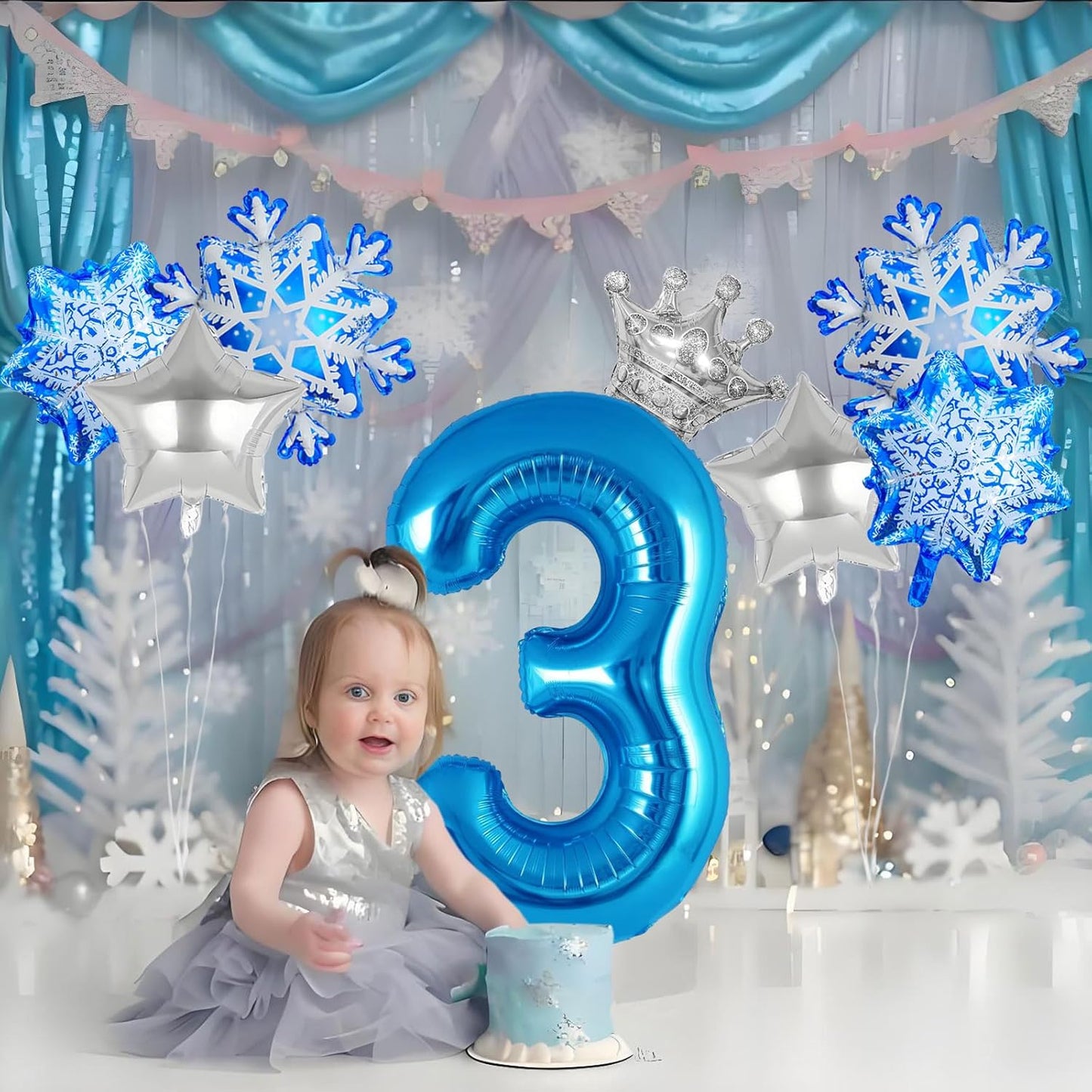 8Pcs Winter Wonderland Decorations - 40inch Blue Number 3 Balloons - Snowflake Foil Balloons for Winter Birthday Decorations - Party Supplies