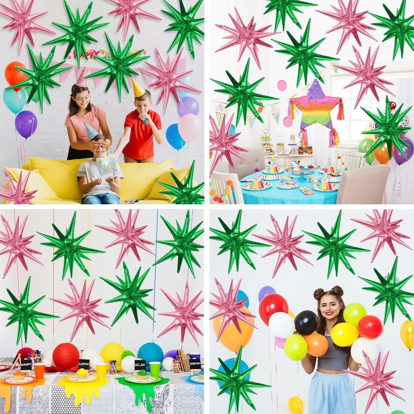 Pink Green Star Balloons,9Pcs 22Inch Pink Green Explosion Spike Cone Helium Polyester Film Star Foil Balloons for Witch Birthday Anniversary Disco Party Decorations