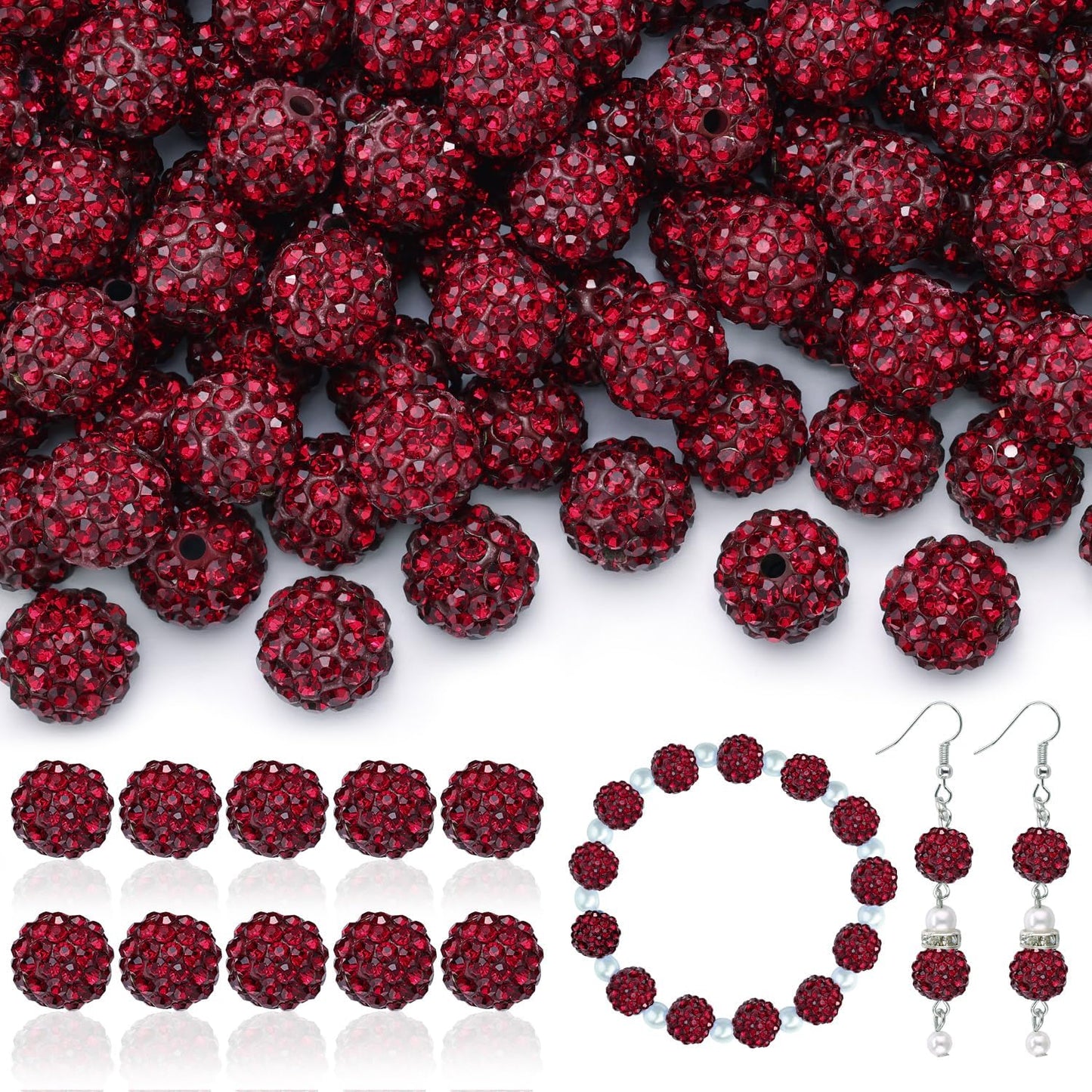 105pcs 10mm Rhinestone Beads for Jewelry Making, Dark Red Shiny Round Disco Ball Beads Bulk, Sparkle Crystal Clay Christmas for Bracelet Baseball Necklace Earring Crafting and DIY