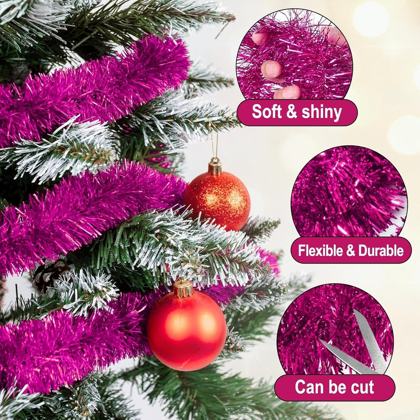 25 Feet Fuchsia Christmas Tinsel Garland, Metallic Foil Twist Garland Wall Hanging Tinsel Banner Backdrop for Parade Floats, Easter, Mother's Day, Birthday Party Decorations (4in x 25ft)