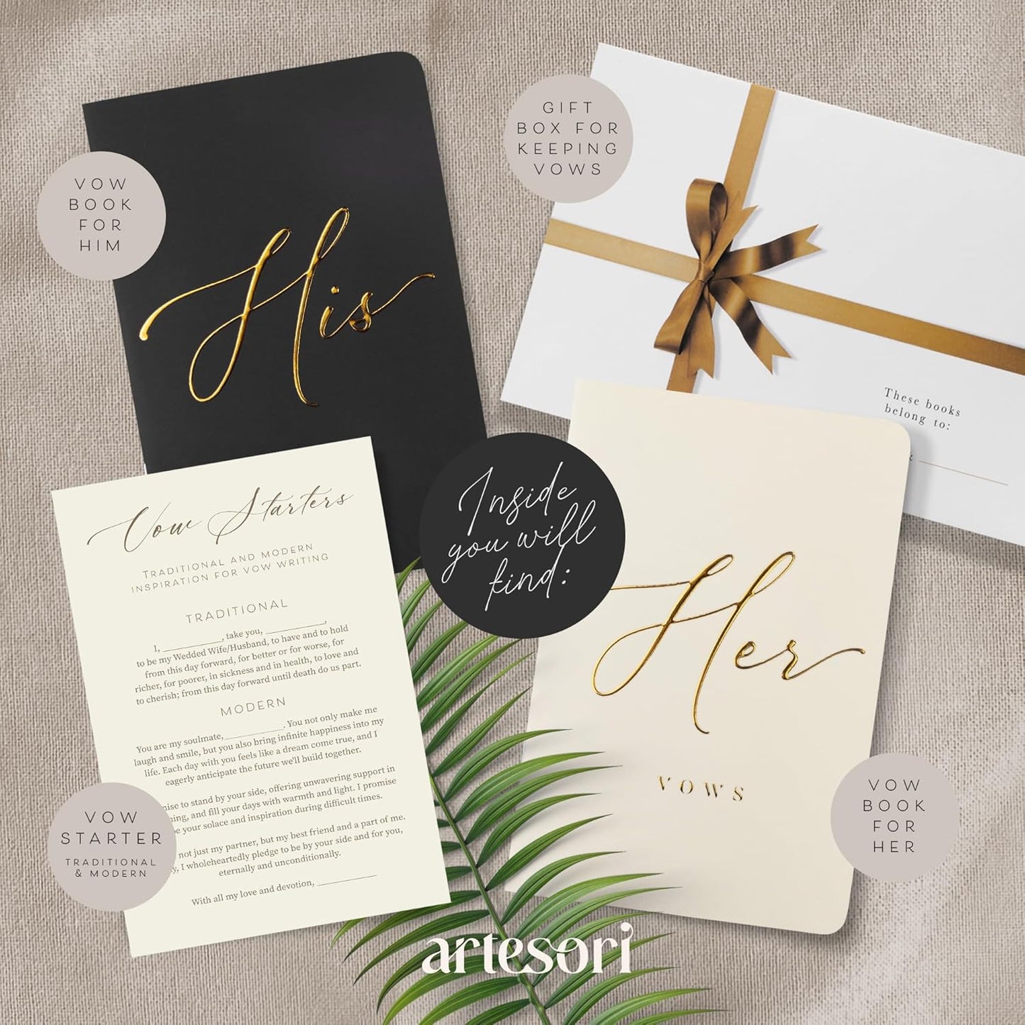 ARTESORI Premium Wedding Vow Book for Her & Him, Soft Touch, Gold Foil, 28 Lined Pages, Wedding Vow Books His and Hers, Wedding Essentials, Wedding Registry Ideas, His and Hers Gifts [Ivory & Black]