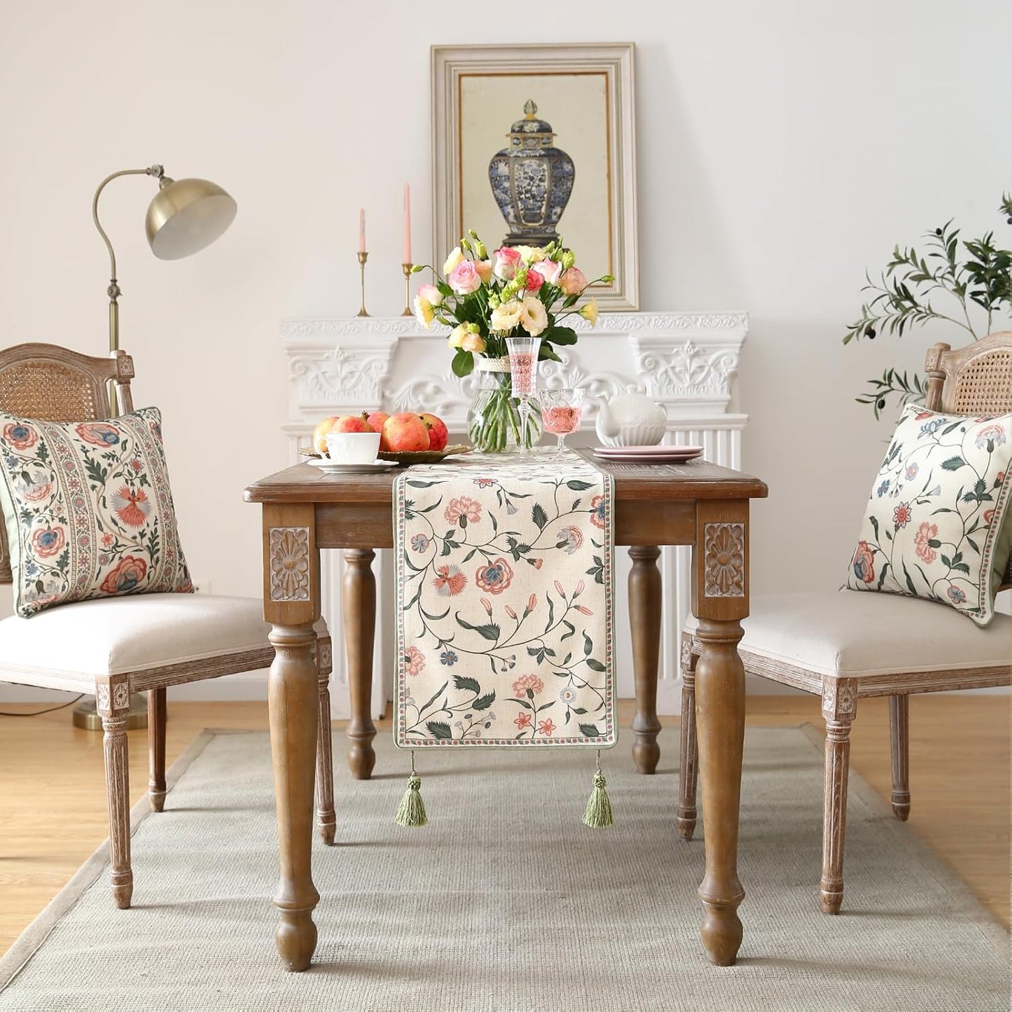 ISAENNE Designer Chinoiserie Elegant Linen Floral Table Runner 87 Inches Long,White Wrinkle Resistant Table Runners for Dining Tables,Thanksgiving,Kitchen Tables,Christmas,12"*87"-Daffy A