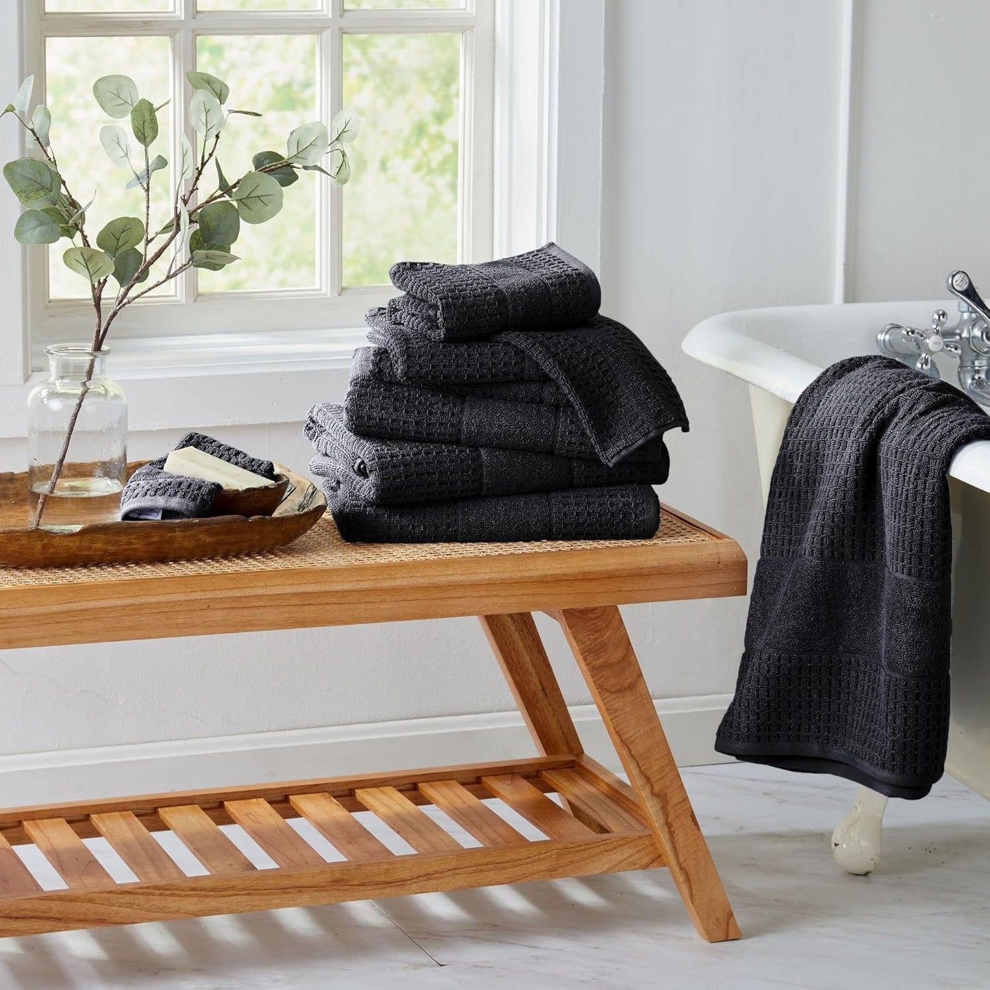 100% Cotton Super Soft Luxury Towel Set | Quick-Dry and Highly Absorbent | Waffle Textured | 550 GSM | 2 Bath Towels, 2 Hand Towels, & 2 Washcloths | Harper Collection (Black)
