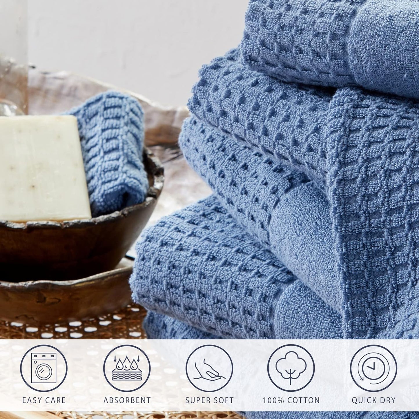 100% Cotton Super Soft Luxury Bath Towel Set | Quick-Dry and Highly Absorbent | Waffle Textured | 550 GSM | Includes 4 Bath Towels | Harper Collection (Denim Blue)