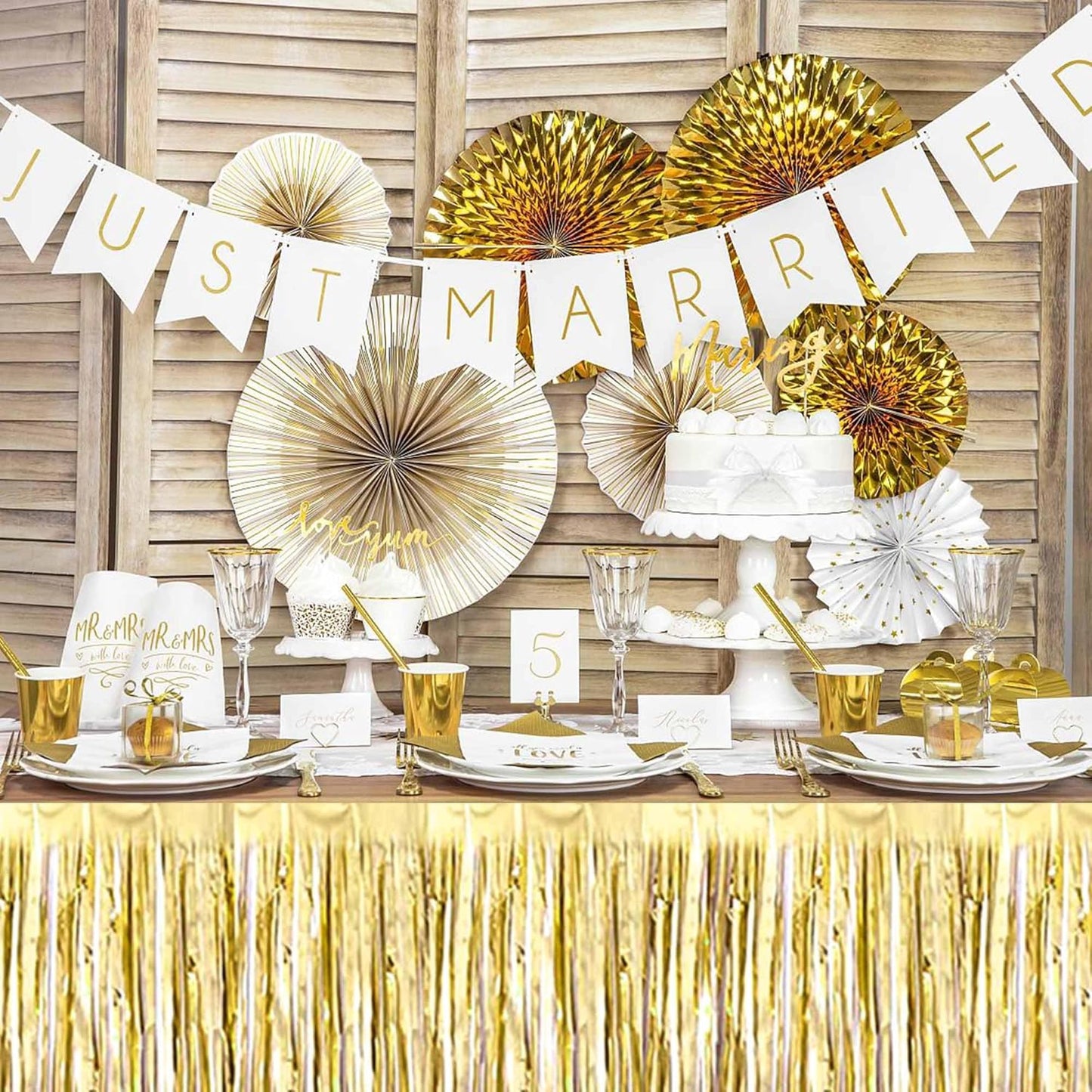 3 Pack 29 x108 Inch Light Gold Foil Fringe Table Skirts Metallic Banner for Tinsel Streamer Garland Backdrop for Parade Floats Mother's Day, Graduate, Birthday, Wedding Party Decoration