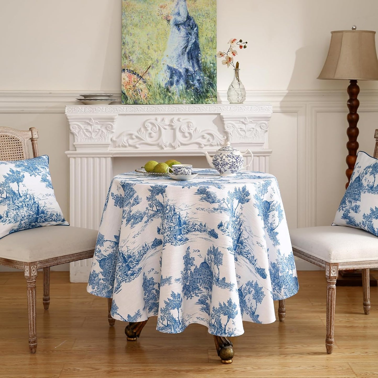 patdrea Designer Cyan Tablecloth for Round Table,Vintage Linen Ancient Castle and Manor Pattern Tablecloths,Table Cover Decor for Kitchen Dining Christmas,Thanksgiving,Diameter 67"-Lucerne a