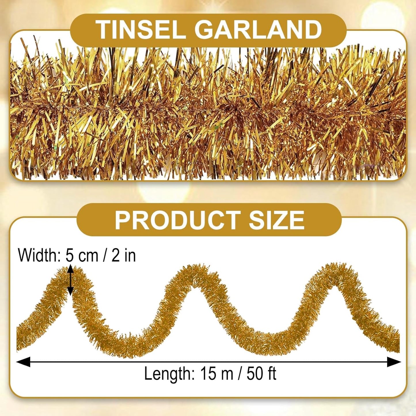 50 Feet Champagne Gold Christmas Tinsel Garland, Metallic Foil Twist Garland Wall Hanging Tinsel Banner Backdrop for Parade Floats, Easter, Mother's Day, Wedding Party Decorations (2in x 50ft)