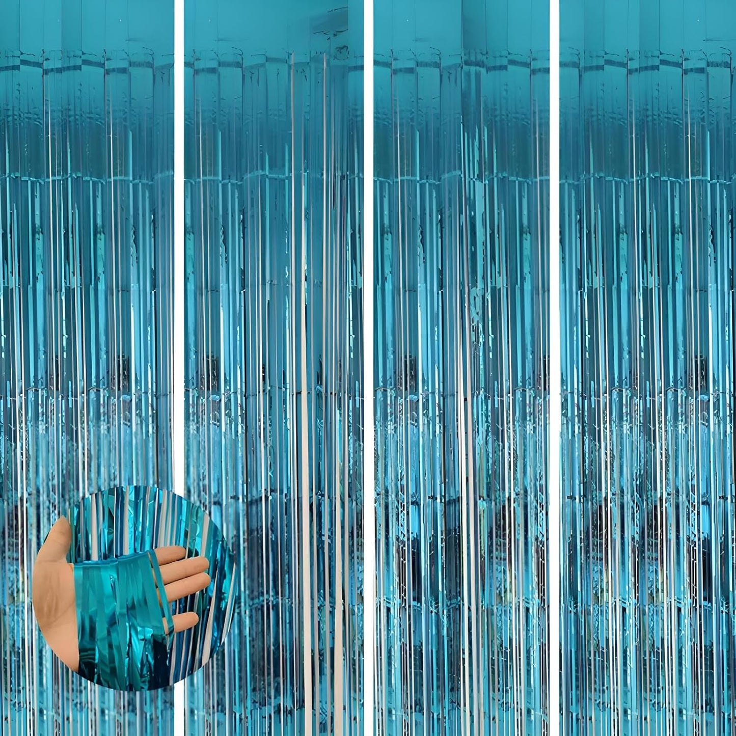 Keyali 4 Pack 3.3 * 8.3 ft Foil Curtain Metallic Tinsel Fringe Curtains Photo Booth Props Backdrop for Birthday Wedding Engagement Baby Shower Christmas Holiday Celebration Partyl,Light Blue