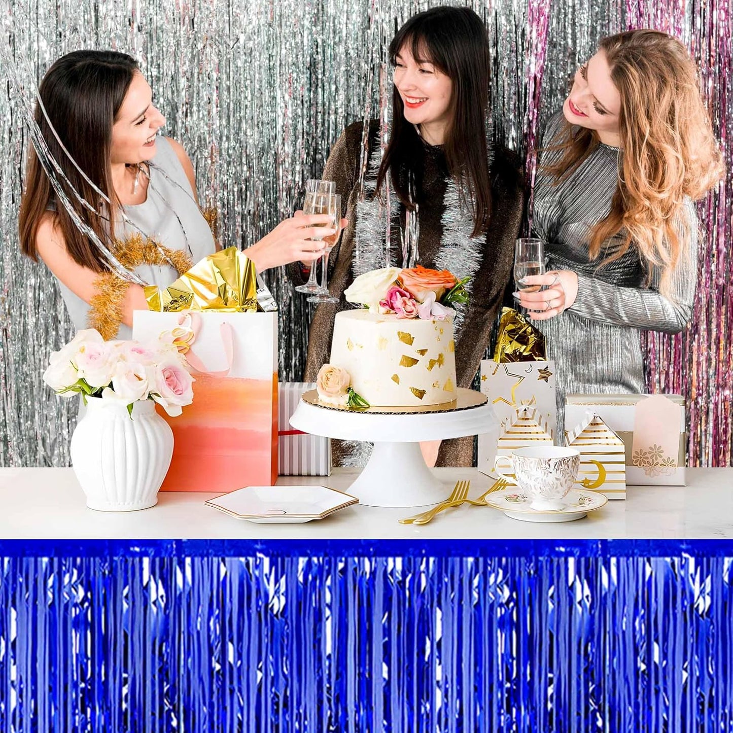 3 Pack 29 x108 Inch Blue Foil Fringe Table Skirts Metallic Banner for Tinsel Streamer Garland Backdrop for Parade Floats Mother's Day, Graduate, Birthday, Wedding Party Decoration