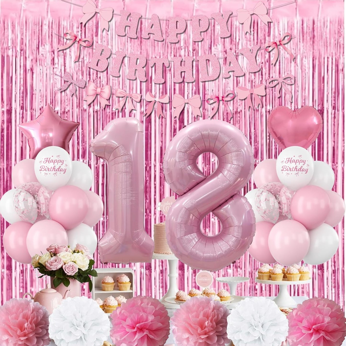 18th Birthday Decorations for Girls Pink Number 18 Balloon Bow Coquette Happy Birthday Banner Fringe Curtain Paper Pom Poms Star Heart Foil Pink White Balloons 18 Year Old Party Decor for Her