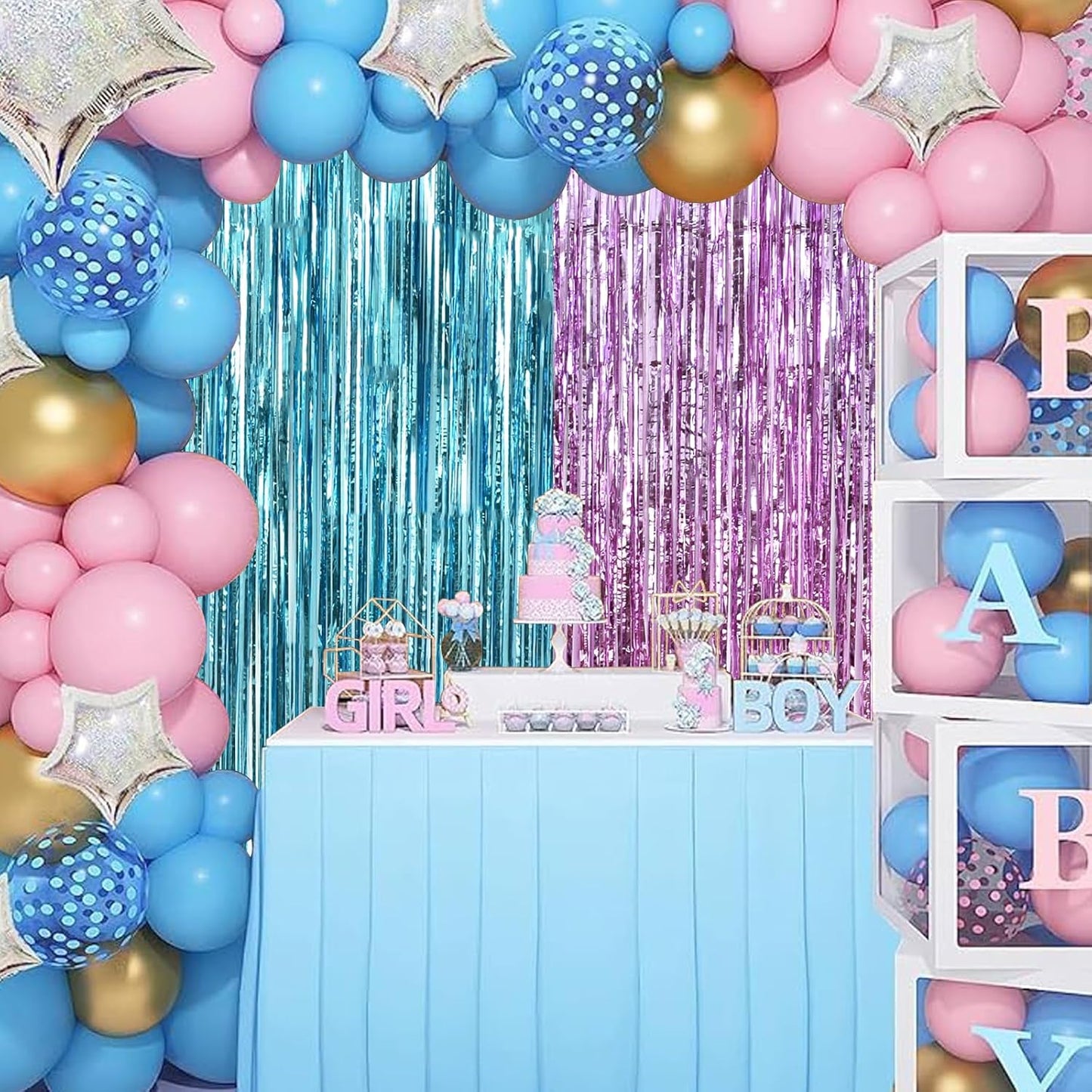 BEISHIDA 2 Pcs Door Streamers Pink and Blue Curtain Baby Shower Party Streamers Gender Disclosure Backdrop Party Decorations (3.28 ft x 6.56 ft)