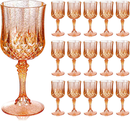 Ciaell 24PCS Rose Gold with Glitter Plastic Wine Glasses - 7 Oz Vintage Drinking Glasses with Rose Gold Glitter - Disposable Water Goblets Set for Party Wedding, Bar, Wine, Beer & Thanksgiving