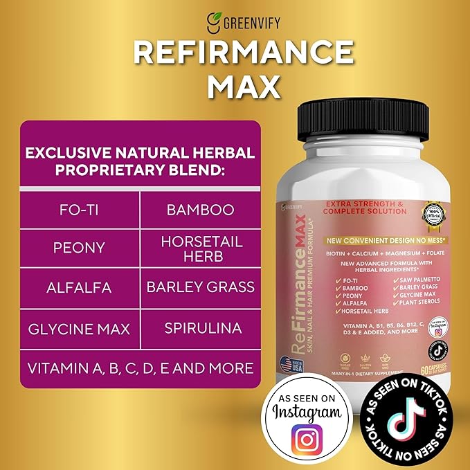 ReFirmanceMax Hair Growth Supplement, 60 Capsules, with Biotin 5000mcg, Vitamins B12, Calcium, Saw Palmetto, 30 Day Supply (5)