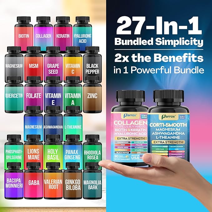 Shining Serenity Set, Cortisol Support with Ashwagandha, L-Theanine, Magnesium, Lions Mane, GABA, Bacopa Monnieri, Collagen I, II, III, V, X, Folate, Biotin, Keratin, Hyaluronic Acid (2 Pack)