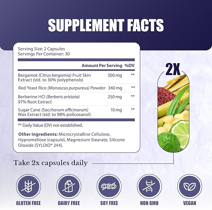CL Switch – Heart Wellness Supplement – Supports Healthy Cholesterol Levels & Blood Pressure Already in Normal Range* – with Citrus Bergamot, Berberine, Red Yeast Rice – 60 Capsules