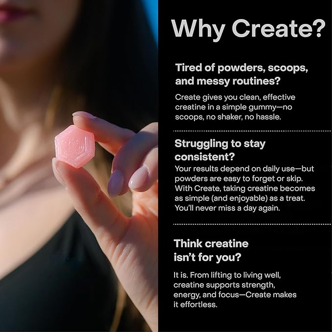 Create Creatine Monohydrate Gummies for Men & Women - Boost Focus, Strength, and Endurance, Anti-Melting Formula, Vegan, Gluten-Free, Non-GMO, 1.5 Gram Creatine per Gummy (Watermelon, 90 ct)