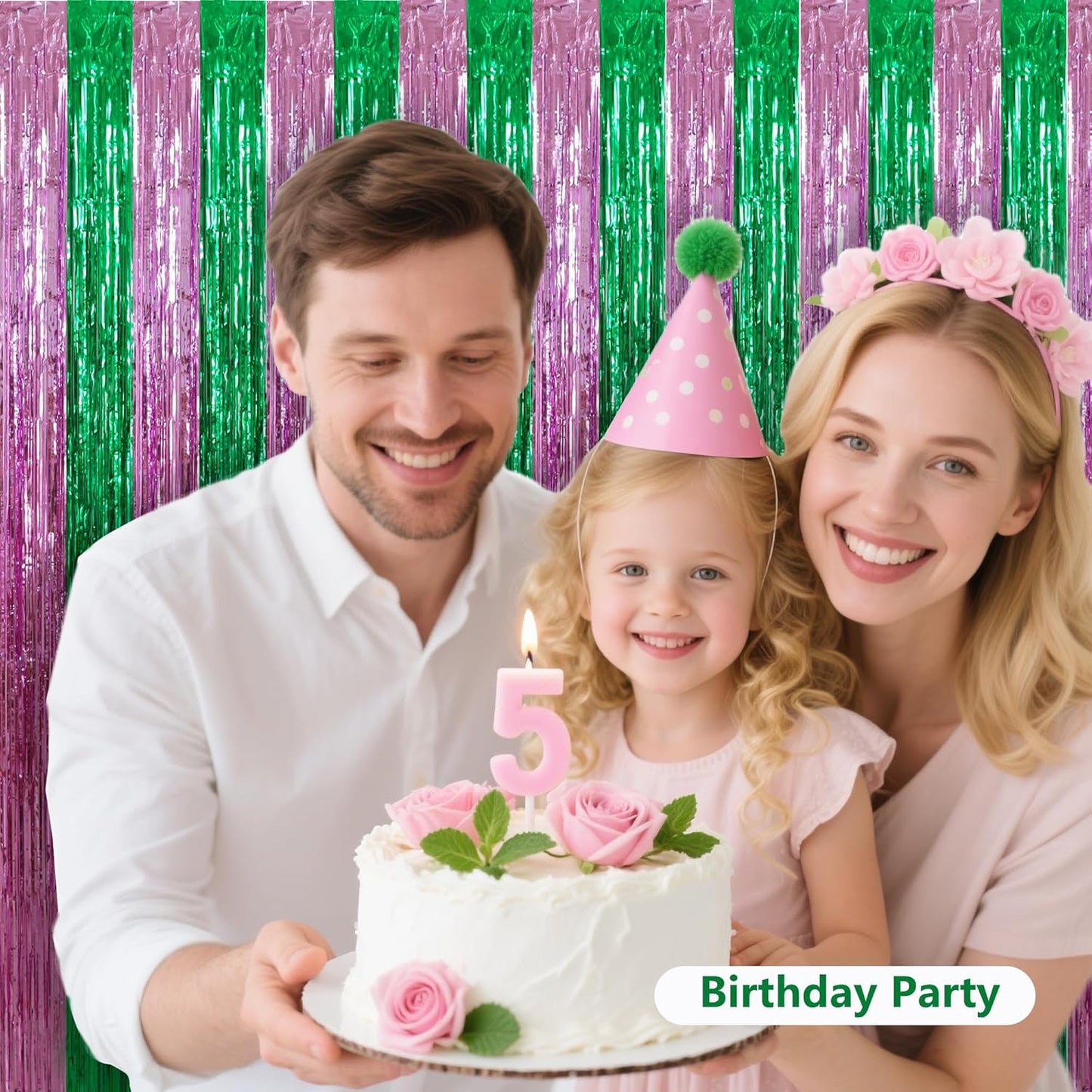 BEISHIDA Pink Green Door Streamers Backdrop Foil Fringe Tinsel Party Streamers Curtains Photo Backdrop for Birthday Graduation Wicked Party Decoations