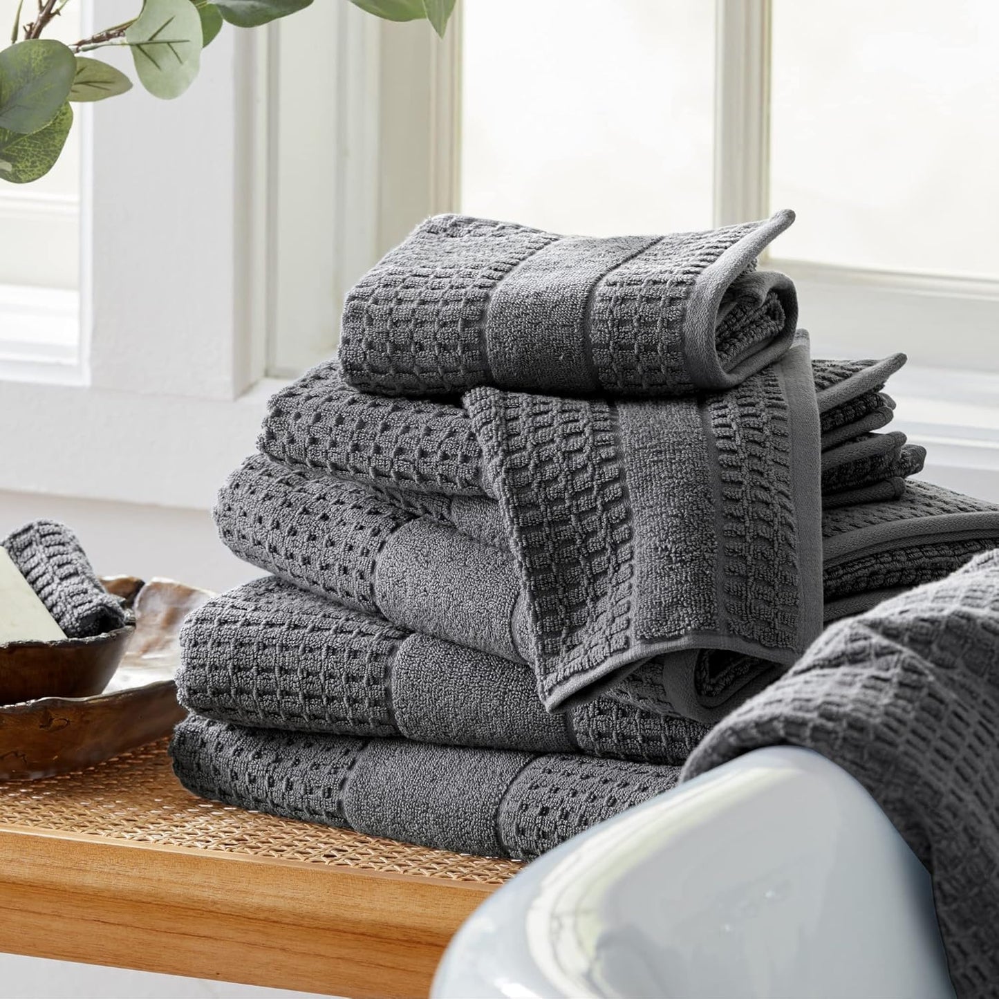 100% Cotton Super Soft Luxury Towel Set | Quick-Dry and Highly Absorbent | Waffle Textured | 550 GSM | 2 Bath Towels, 2 Hand Towels, & 2 Washcloths | Harper Collection (Dark Grey)
